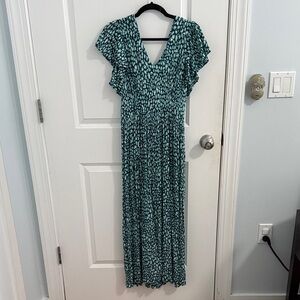 Elegant Green-Blue Patterned Maxi Dress with Metallic thread-Size 38